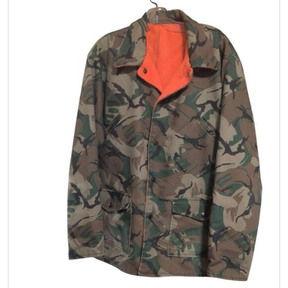 Vintage Camo Jacket Sports Hunting Orange Reversible Field Snap up Cargo Coat - Picture 2 of 7